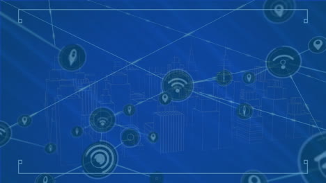 animation of network of digital icons over 3d city model spinning against blue background