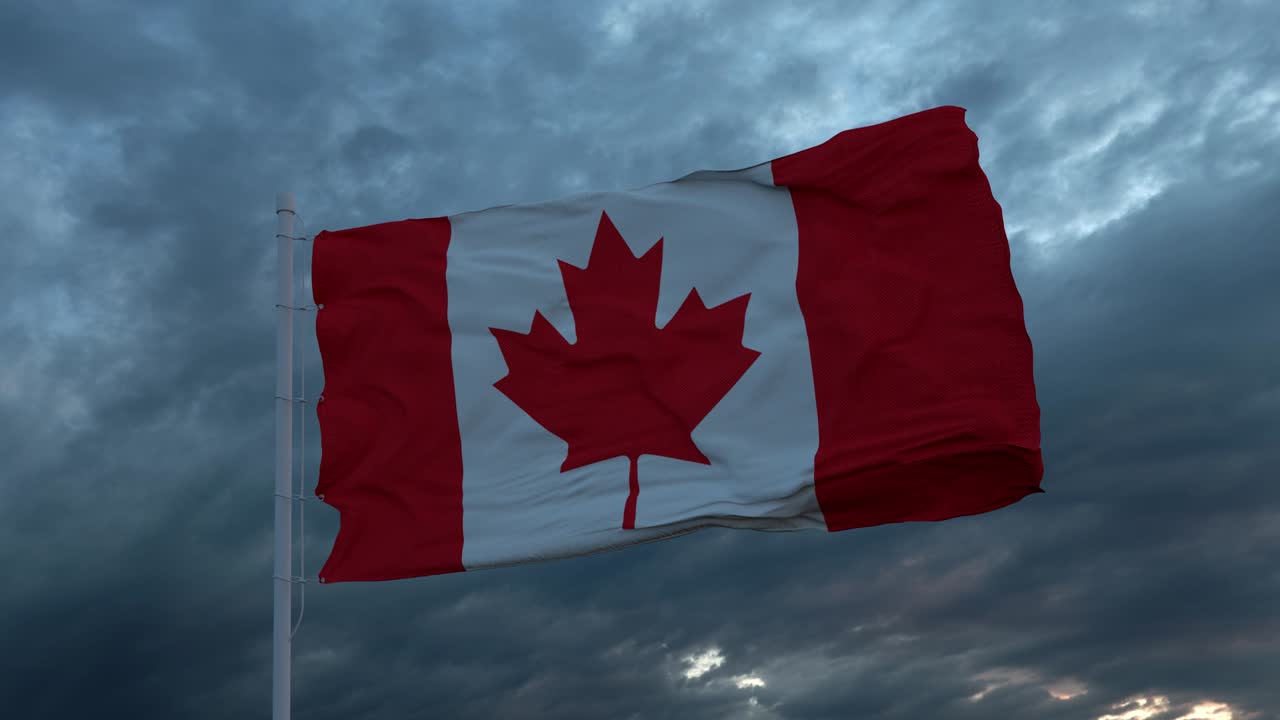 bandera realista de canadá ondeando en el viento contra el cielo tormentoso profundo y pesado