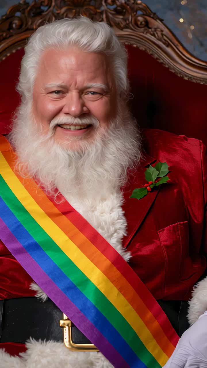 Vertical video: Cueing smiling man in red suit going neutral closing eyes at set with rainbow sash