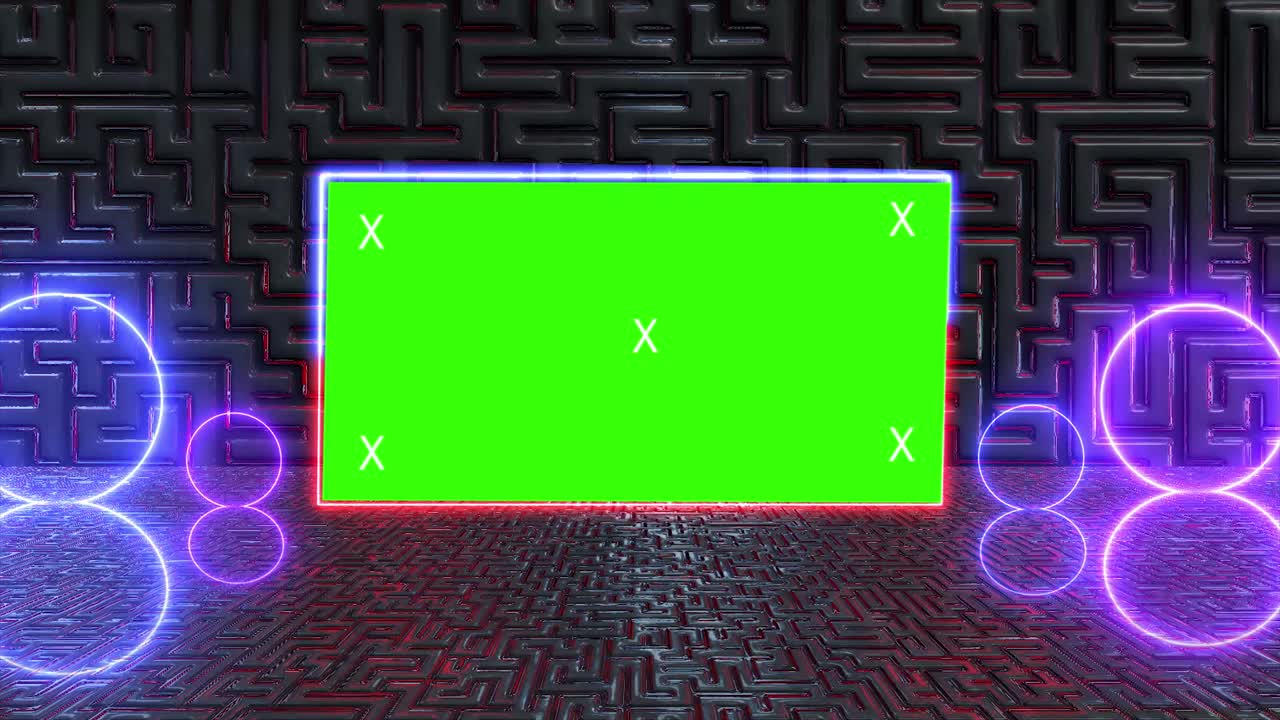 túnel creativo abstracto y pantalla verde modelo de cartelera del canal alfa. neón, bares y tecnología de led púrpura azul, ciencia ficción, renderizado cyberpunk futurista en 3d con marco en blanco.