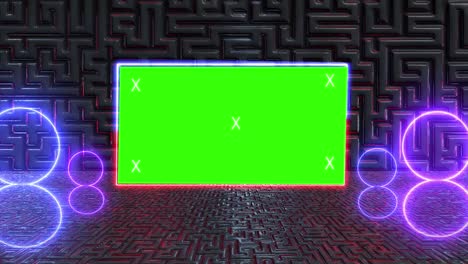 túnel creativo abstracto y pantalla verde modelo de cartelera del canal alfa. neón, bares y tecnología de led púrpura azul, ciencia ficción, renderizado cyberpunk futurista en 3d con marco en blanco.