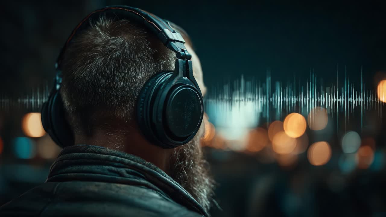 A solitary figure immersed in sound, wearing headphones, surrounded by blurred city lights, capturing the essence of urban nightlife and musical escape