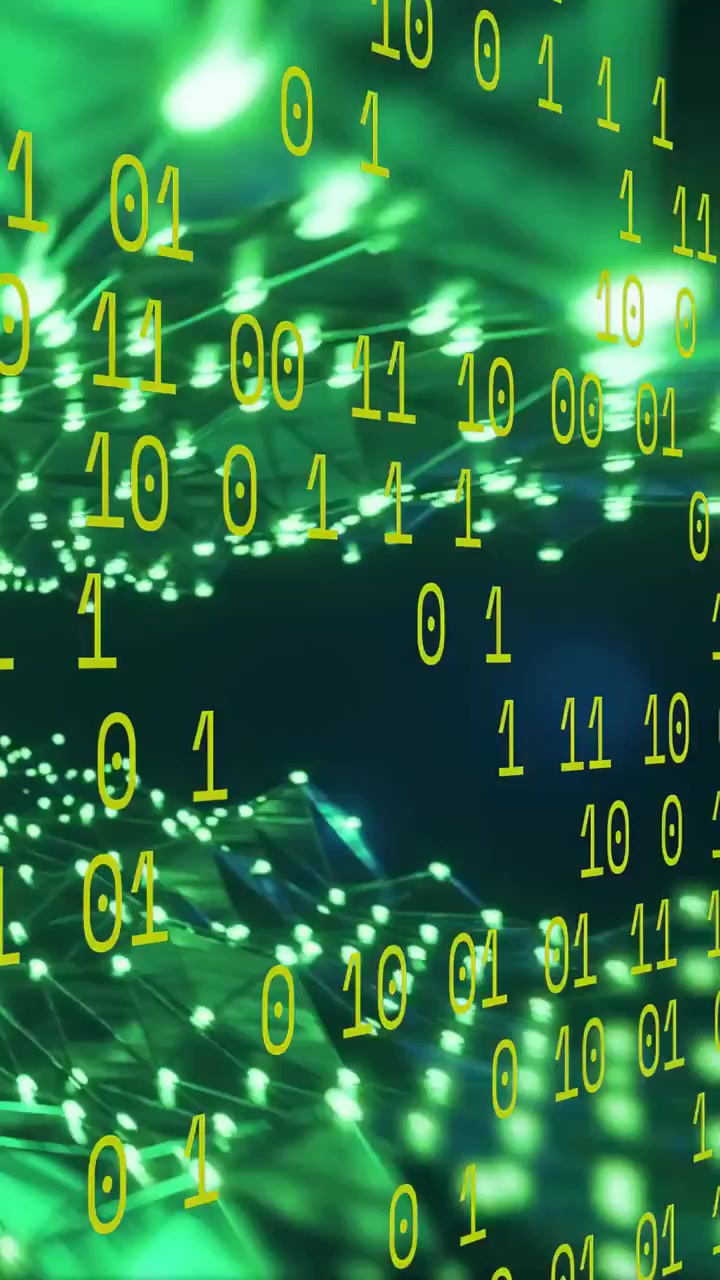 Vertical video: On start yellow binary digits falling over pulsing green network visualizing data
