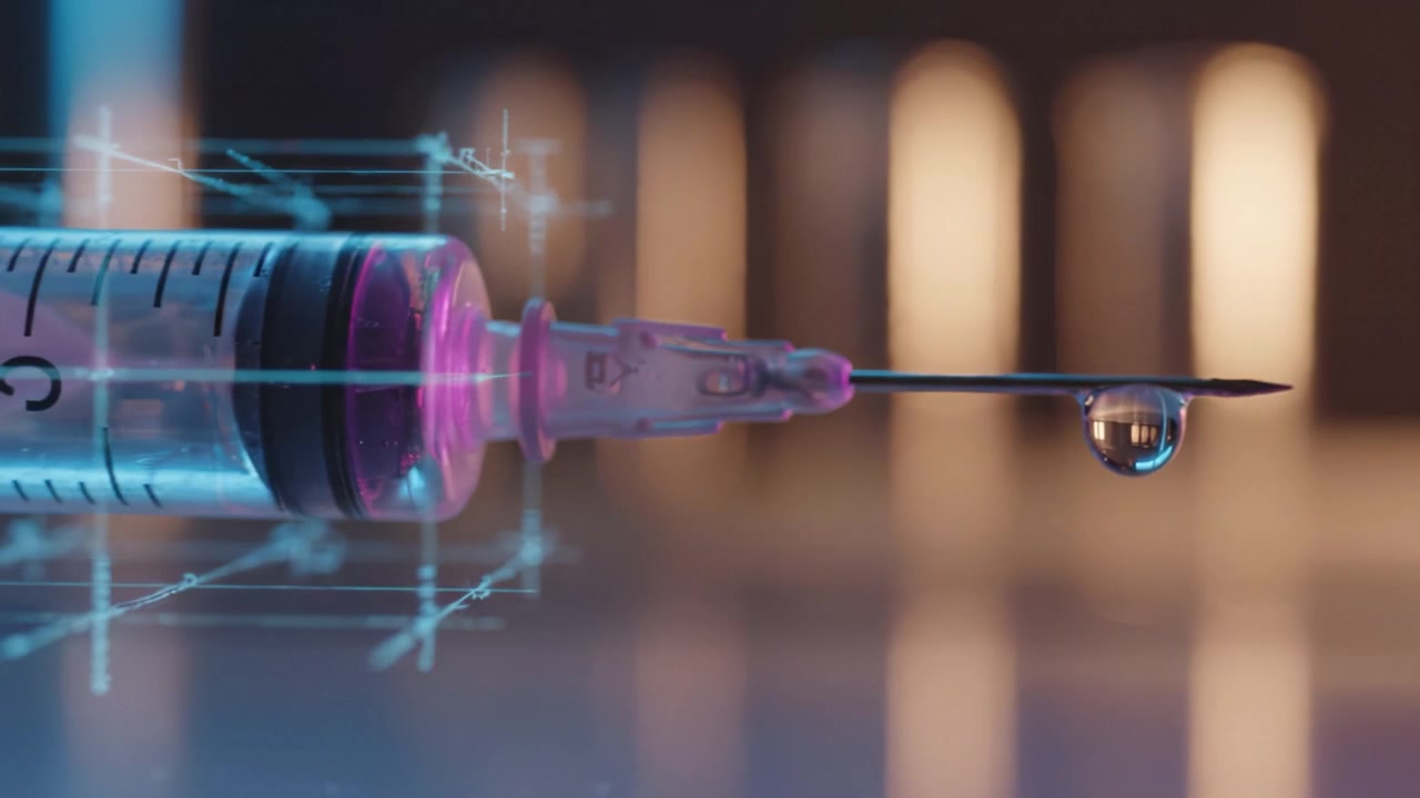 An Artistic Representation of a Syringe Highlighting the Precision of Medical Equipment in Action, with Droplets Ready for Injection and Intriguing Background Details