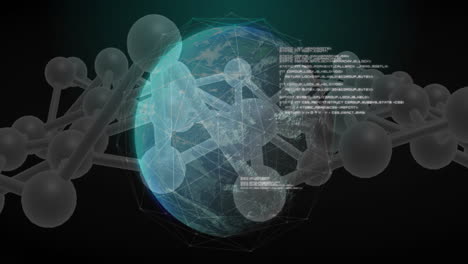 animation of digital data processing, globe over dna strand spinning