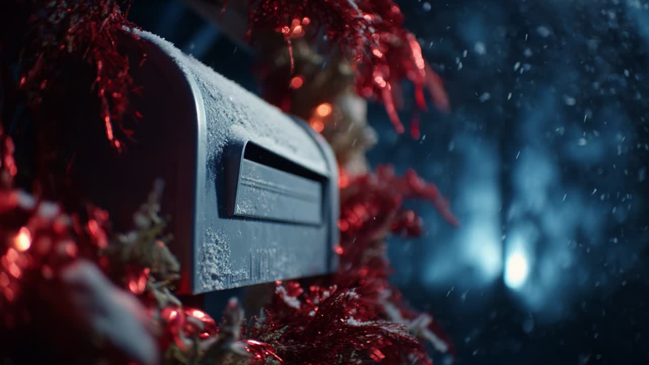 A beautifully decorated mailbox adorned with vibrant red garlands and shimmering lights stands out against a snowy backdrop, evoking the cozy and festive spirit of the winter holiday season at night