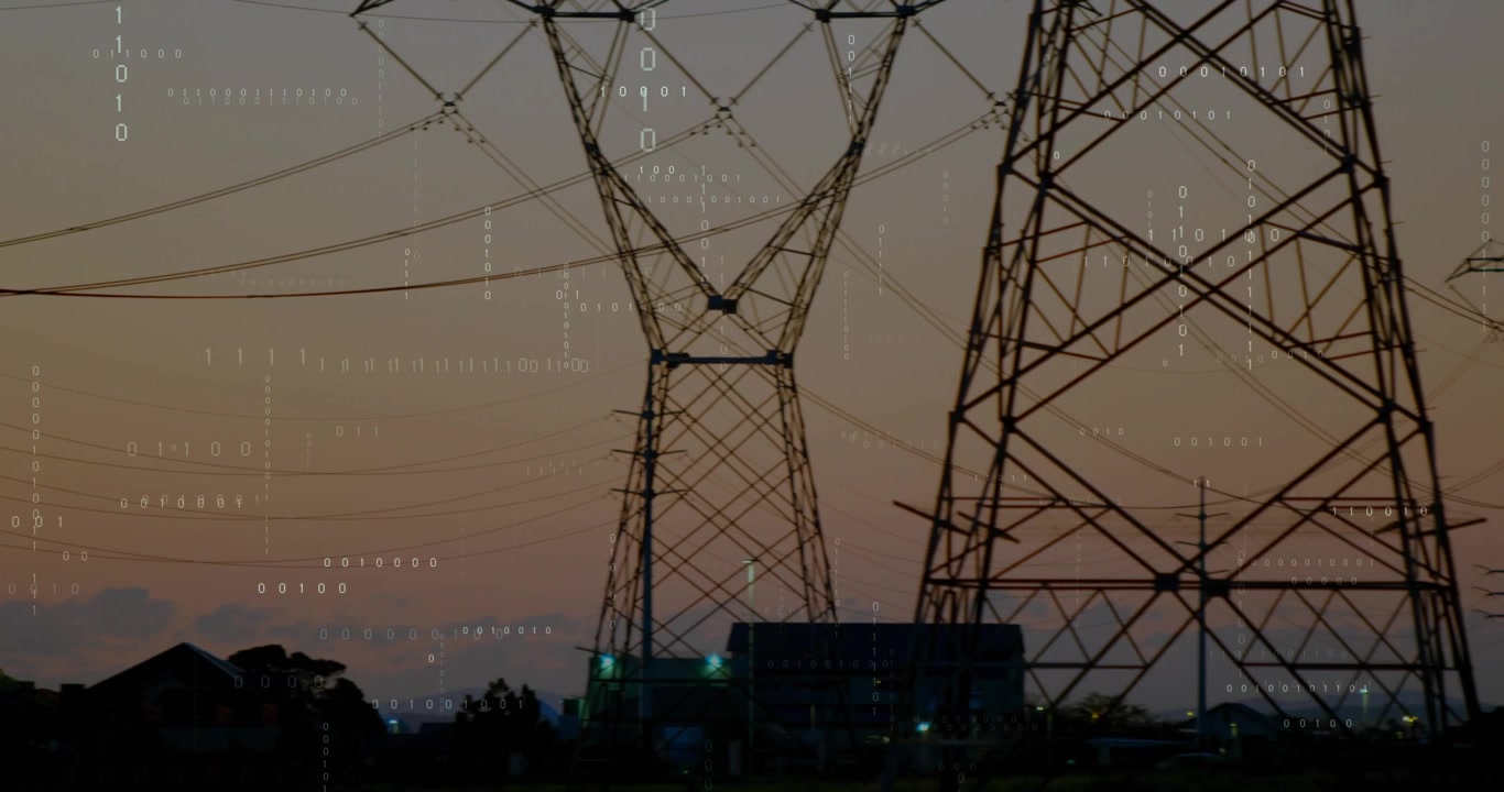 Camera panning right, pole shifting left while pylons emerging, revealing power grid at dusk