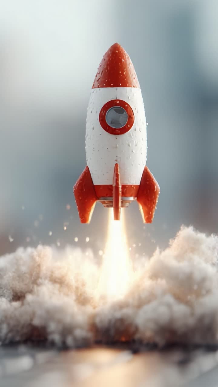 A Dynamic Rocket Launch: Capturing the Moment of Liftoff with a Classic Design, Showcasing Powerful Flames and Vibrant Colors Against a Soft Background