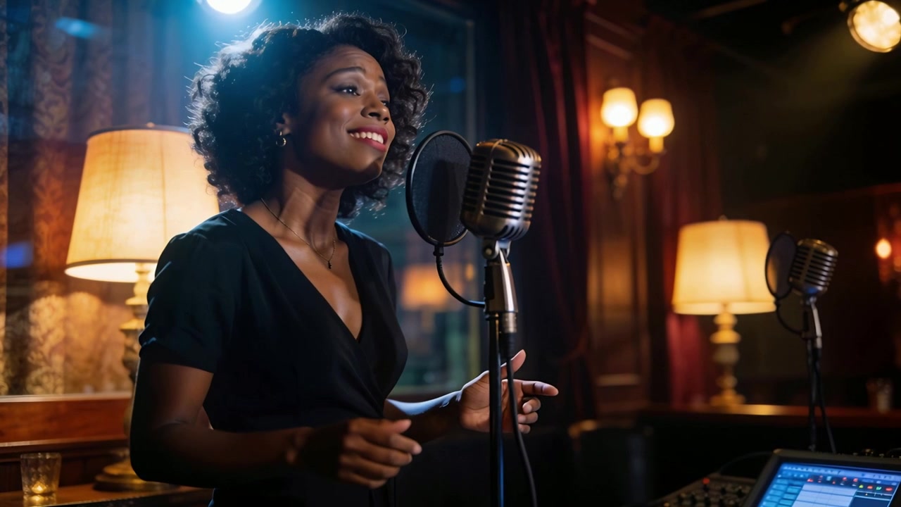 Cantante in abito nero scollato a V, che inizia una frase in un lounge, usando un microfono vintage per il pubblico.