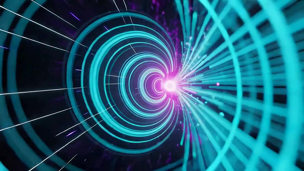 Camera-triggered cyan rings or beams tunnel pulling viewer toward magenta core in void, purple flare