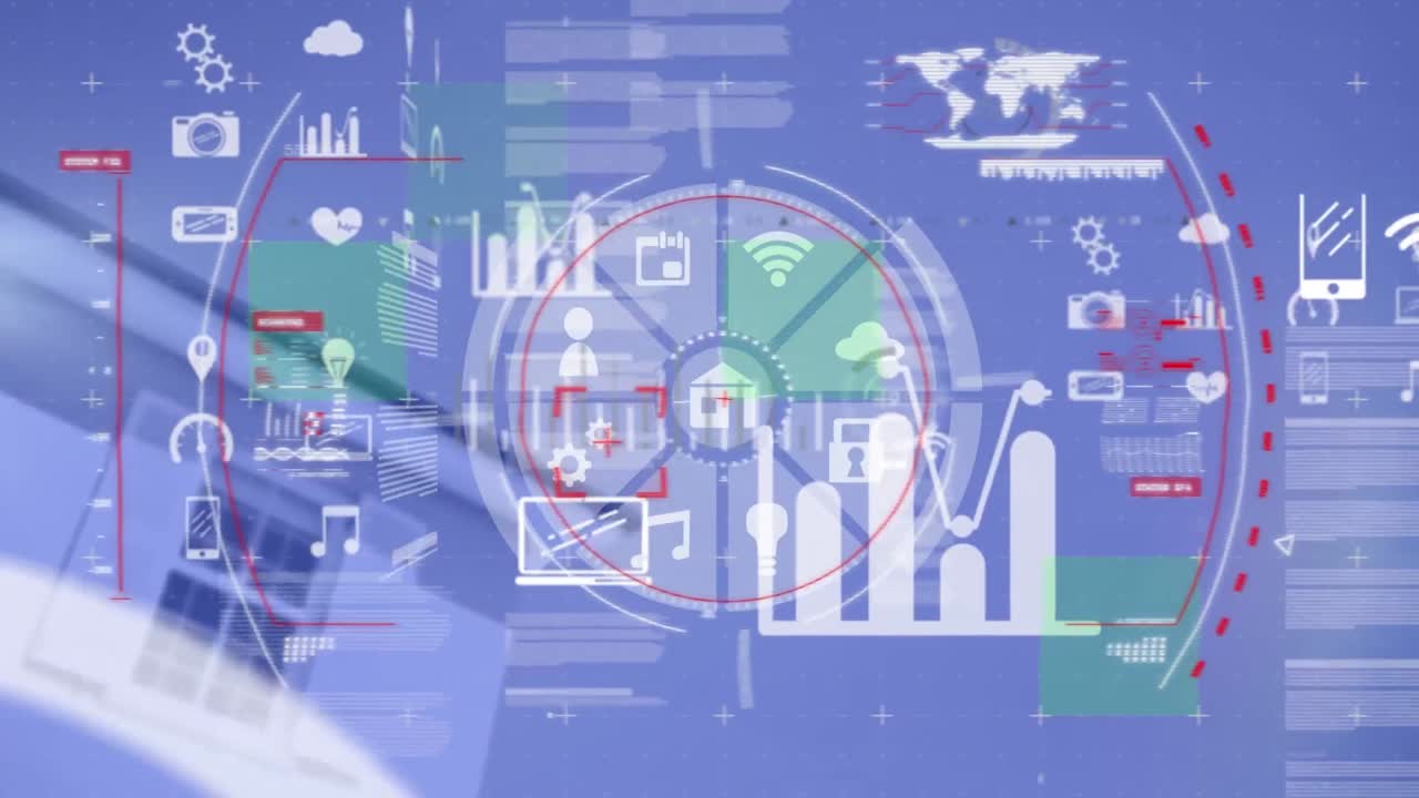 Animation of scope scanning and digital icons over house