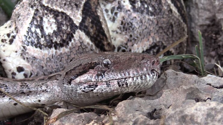 Extreme close up of a python on the jungle floor