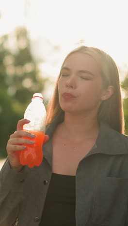 mujer sentada al aire libre bebiendo jugo de naranja con una expresión satisfecha, la luz del sol ilumina suavemente su rostro, con vegetación borrosa y luz brillante en el fondo
