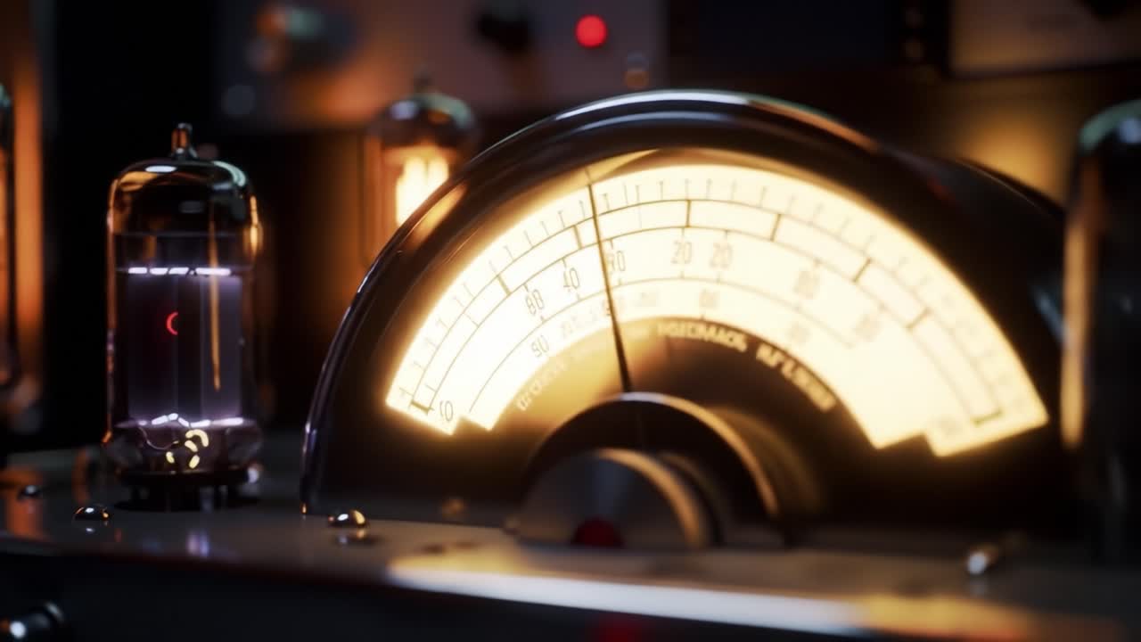 A close look at glowing vacuum tubes in a vintage audio setup creates a warm atmosphere in a stylish home studio. The intricate design highlights craftsmanship and technology from the past.
