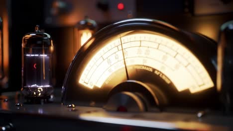 a close look at glowing vacuum tubes in a vintage audio setup creates a warm atmosphere in a stylish home studio. the intricate design highlights craftsmanship and technology from the past.