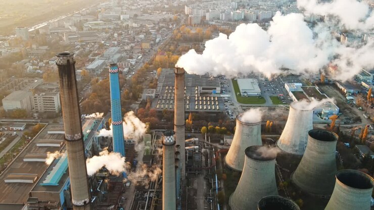 Power station with a lot of tubes and facilities in Bucharest at sunset, a lot of foam. Cityscape, view from the drone, Romania