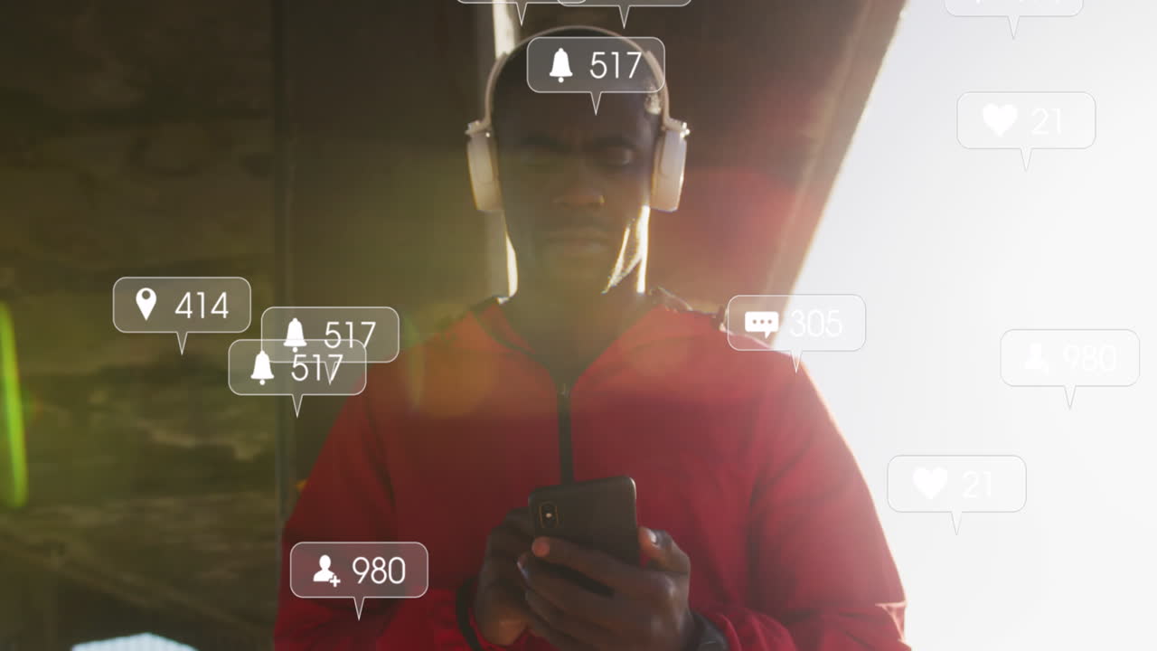 animación de iconos sobre un hombre afroamericano que hace ejercicio