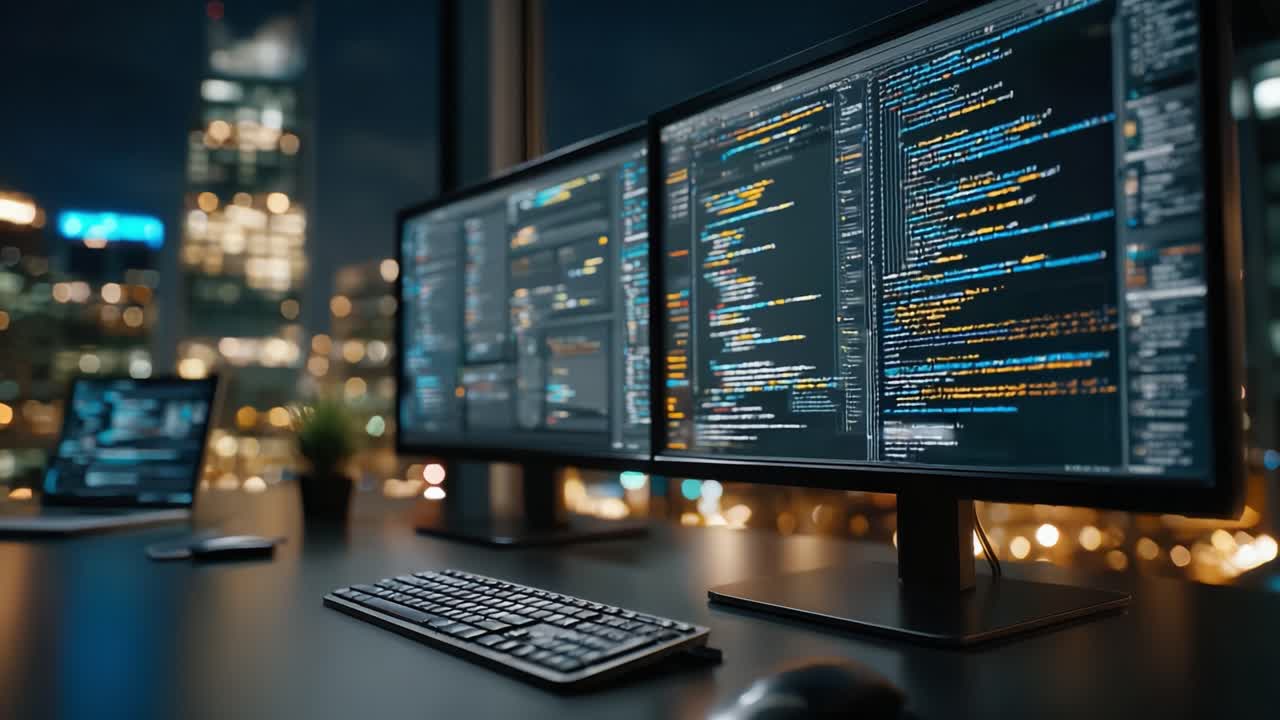 A Modern Workspace Featuring Multiple Computer Screens Displaying Complex Code Amidst a Night Cityscape, Perfect for Software Development and Programming Enthusiasts