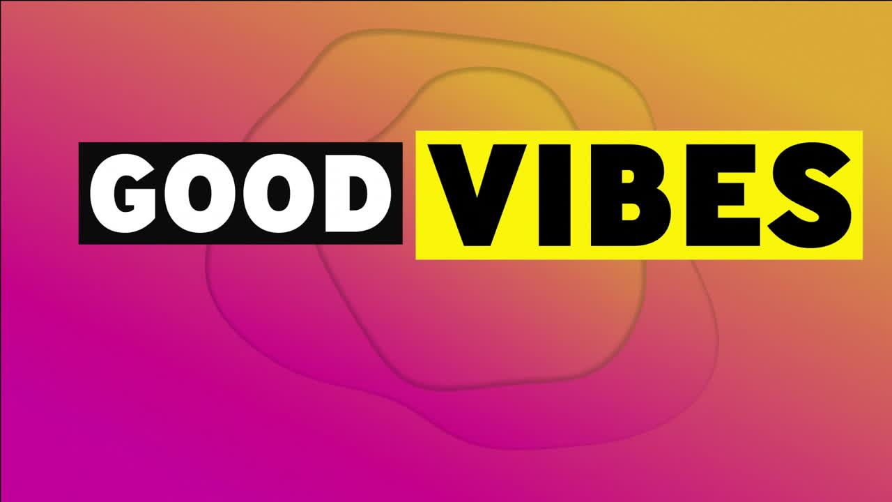animación de texto de buenas vibraciones sobre un fondo de gradiente colorido con formas abstractas