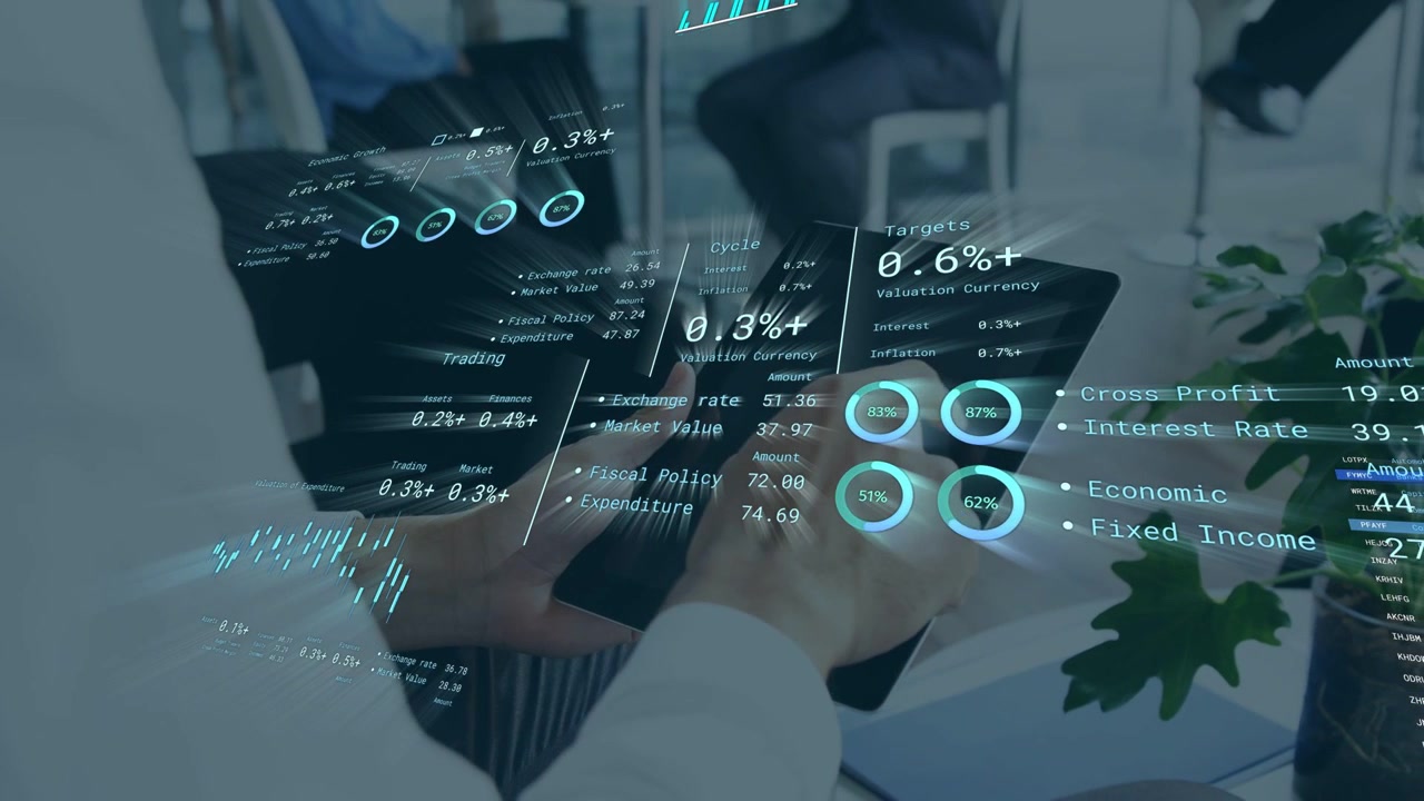 Mand tapper og swiper på tablet, holo finansdashboard opdaterer målinger, visning skifter til møde