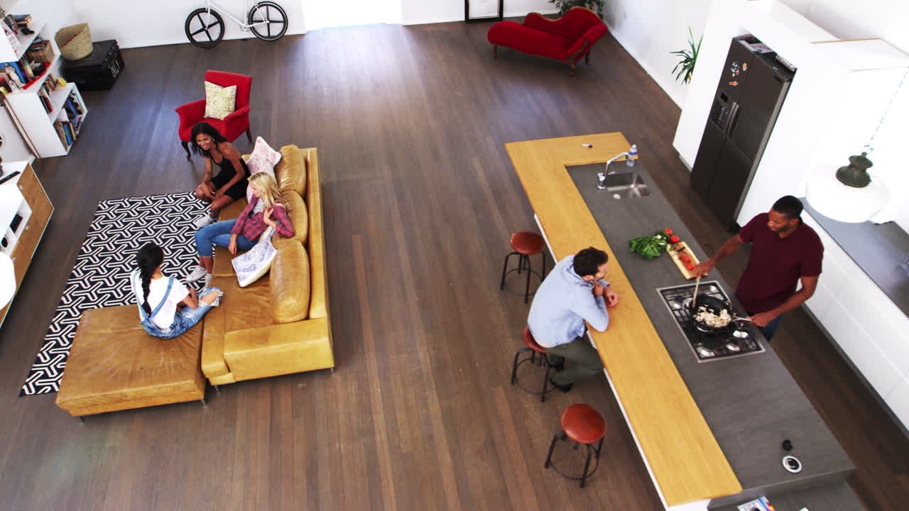 fotografía aérea de amigos cocinando comida y relajándose juntos