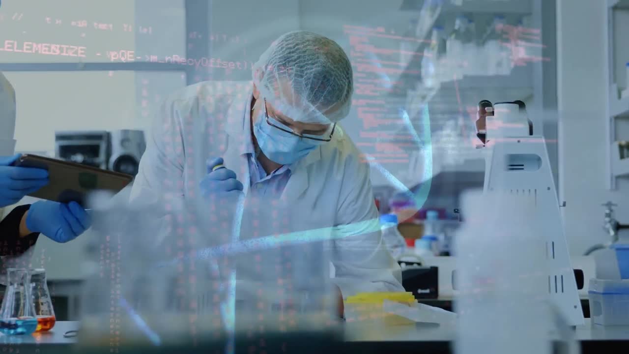 animación de cadenas de adn y procesamiento de datos en diversos científicos en el laboratorio