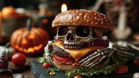 skeleton burger with spooky decorations. a creatively crafted burger featuring a skull holding a cheeseburger surrounded by halloween decorations at night.