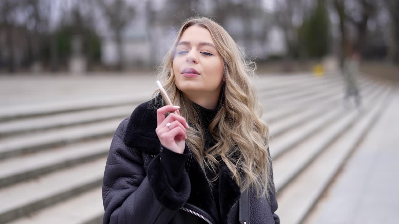 mujer vaporizando al aire libre