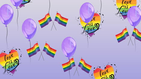 animación de globos sobre corazones arco iris y banderas en fondo rosa
