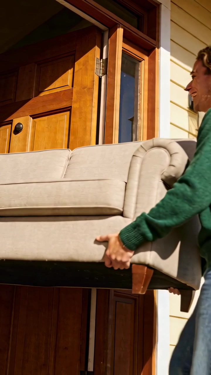 Vídeo vertical: Porta abrindo, duas pessoas carregando sofá pela porta para dentro de casa, mulher de verde