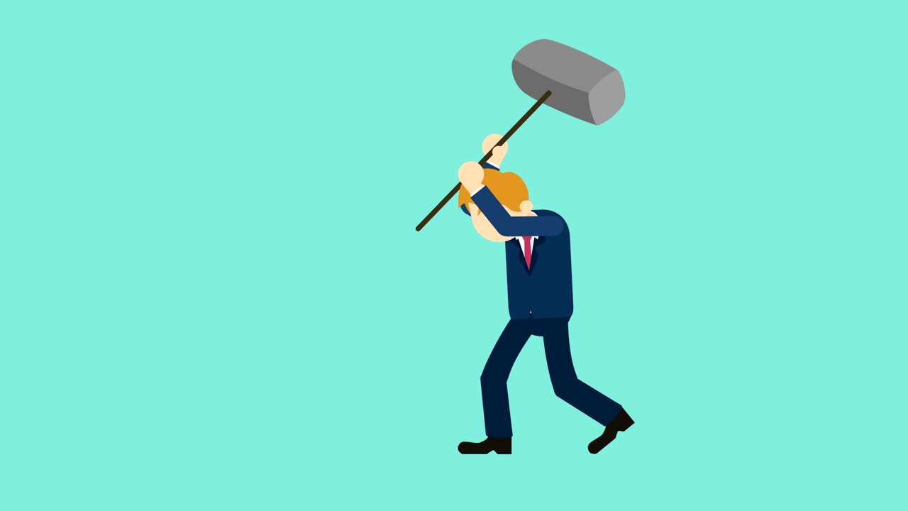 Uomo d'affari che sfonda il muro. Concetto di libertà e sfida. Illustrazione in loop in stile piatto