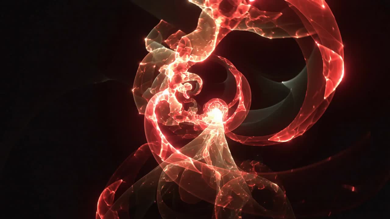 Evolving glowing fractal ribbon form unfolding across five frames in black void, revealing core