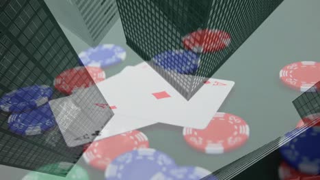 Animation-of-playing-cards-and-chips-on-board-over-cityscape