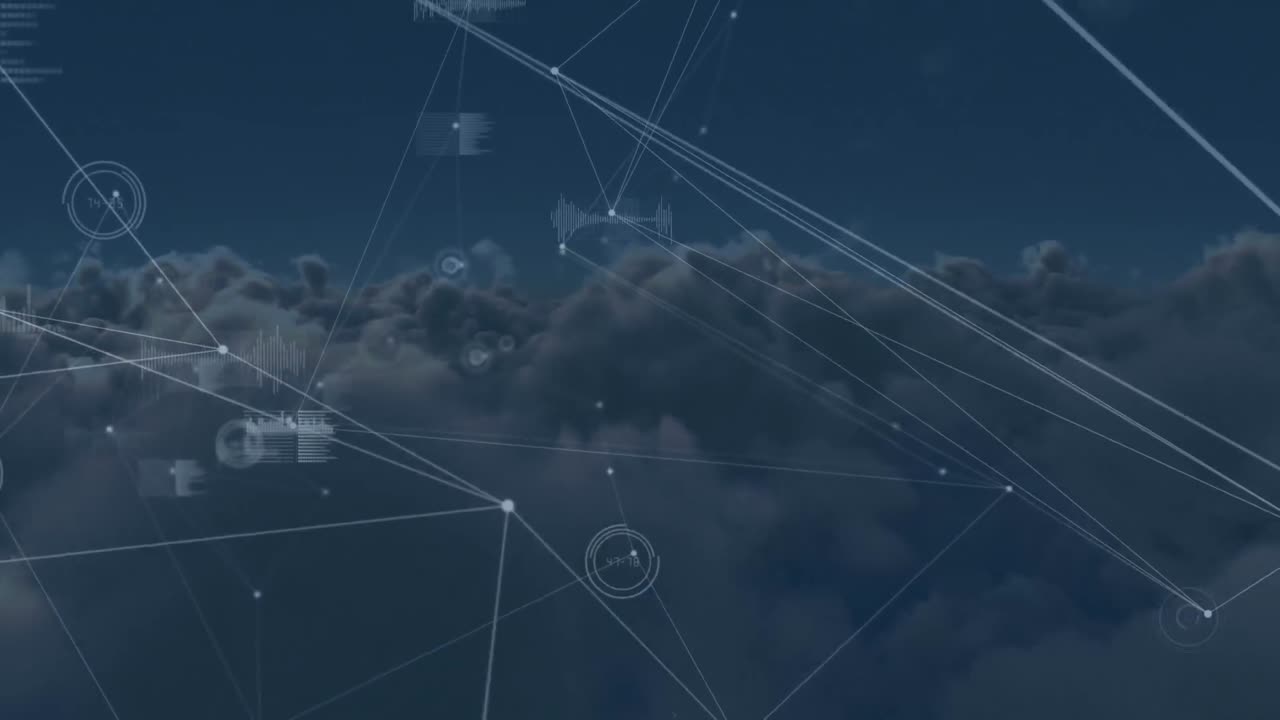 Animation of network of connections with data processing over sky with clouds