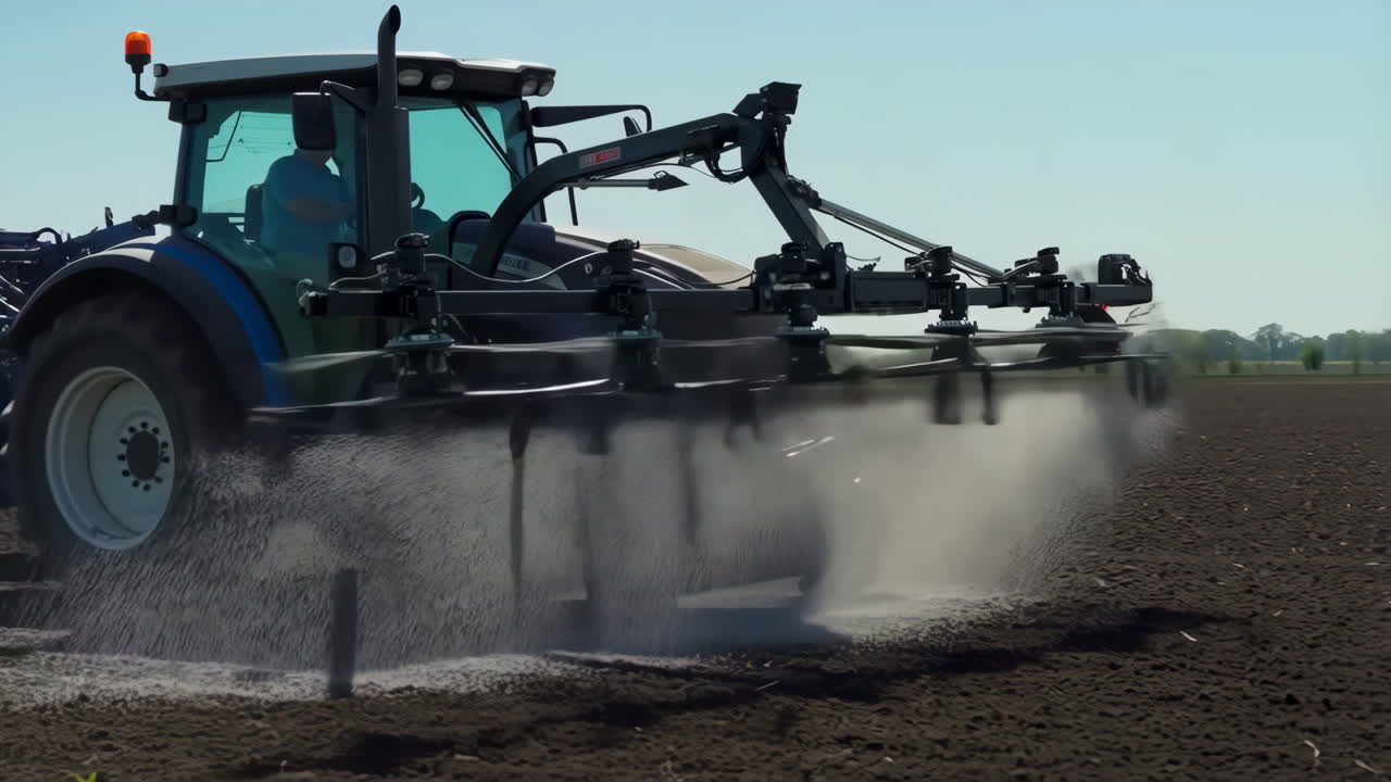 Tractor spraying liquid on a field