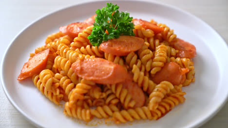 spiral or spirali pasta with tomato sauce and sausage - italian food style