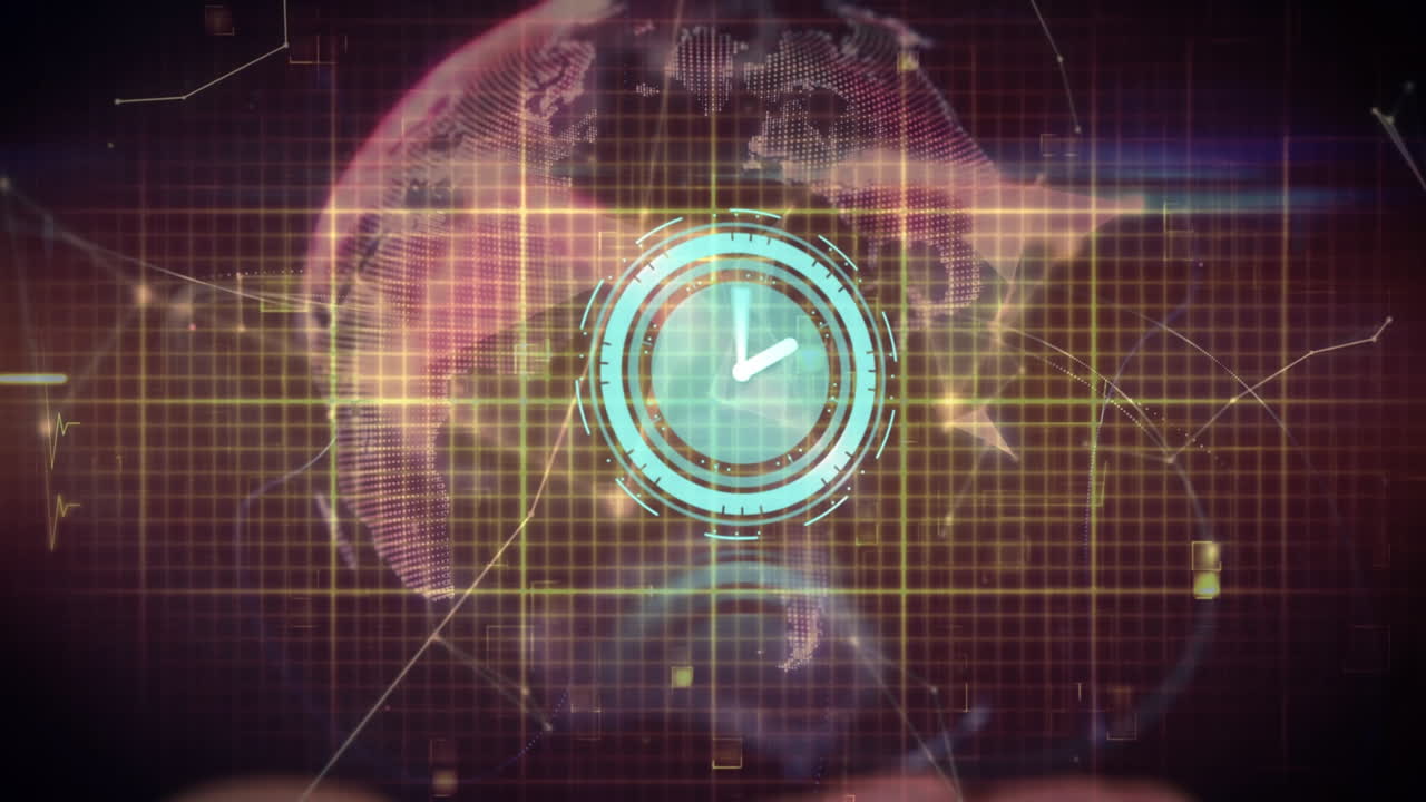 Animation of abstract shapes over globe of plexus networks against pink background