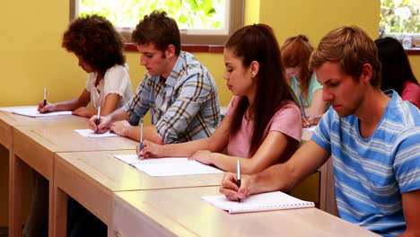 estudiantes centrados sentados en una línea escribiendo en el aula