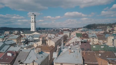 Aerial-City-Lviv,-Ukraine.-European-City.-Popular-areas-of-the-city.-Rooftops