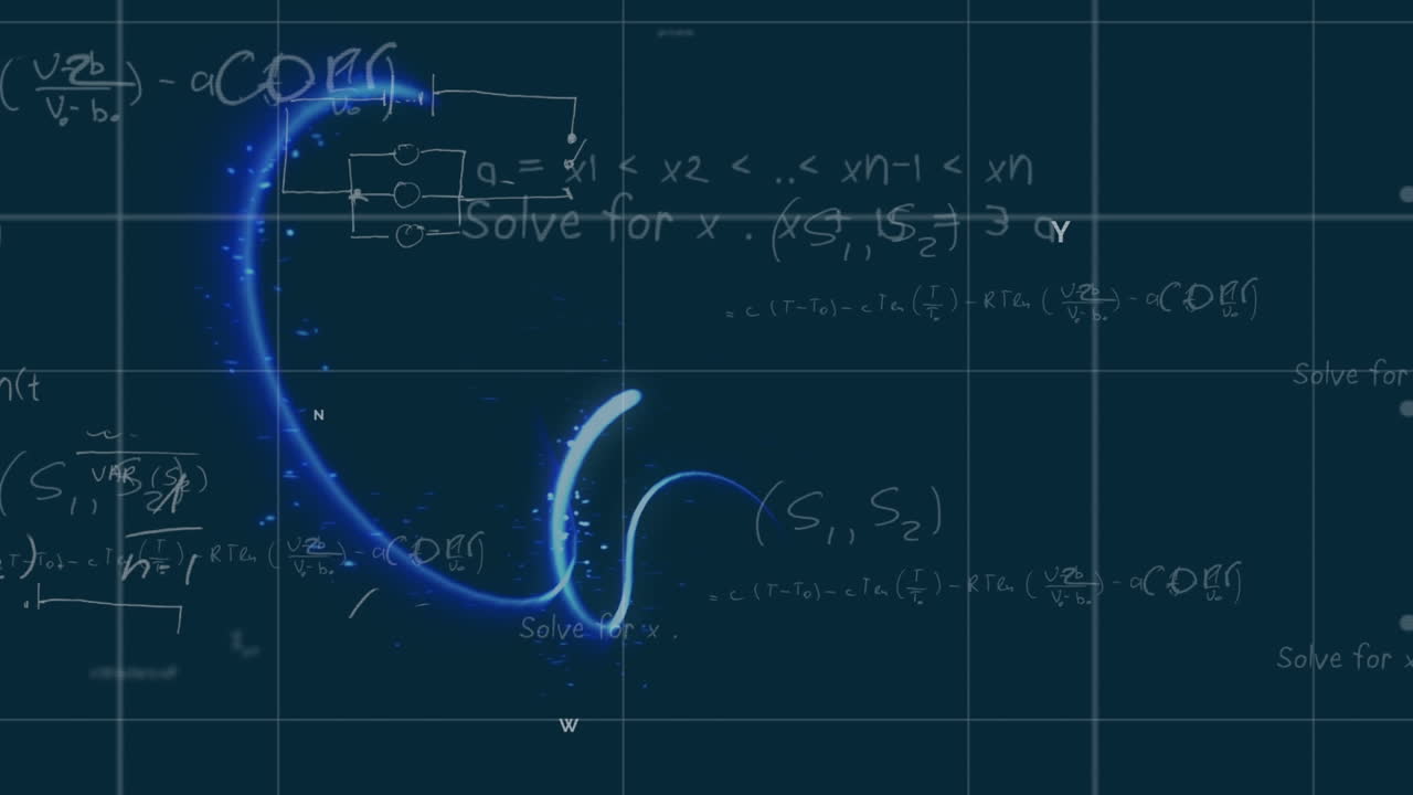 Animation of mathematical equations and data processing over black background