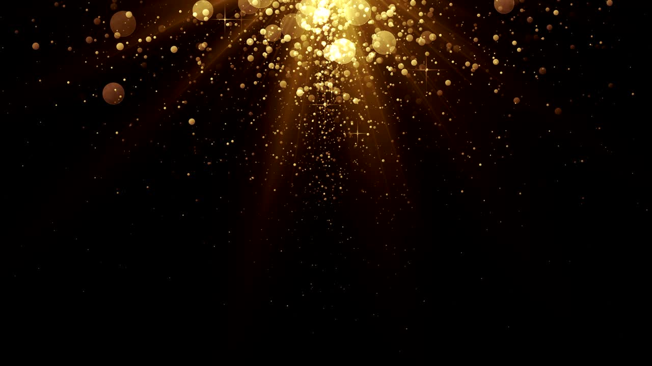 위에서 떨어지는 황금 입자, 추상적인 배경, 끊임없는 루프.