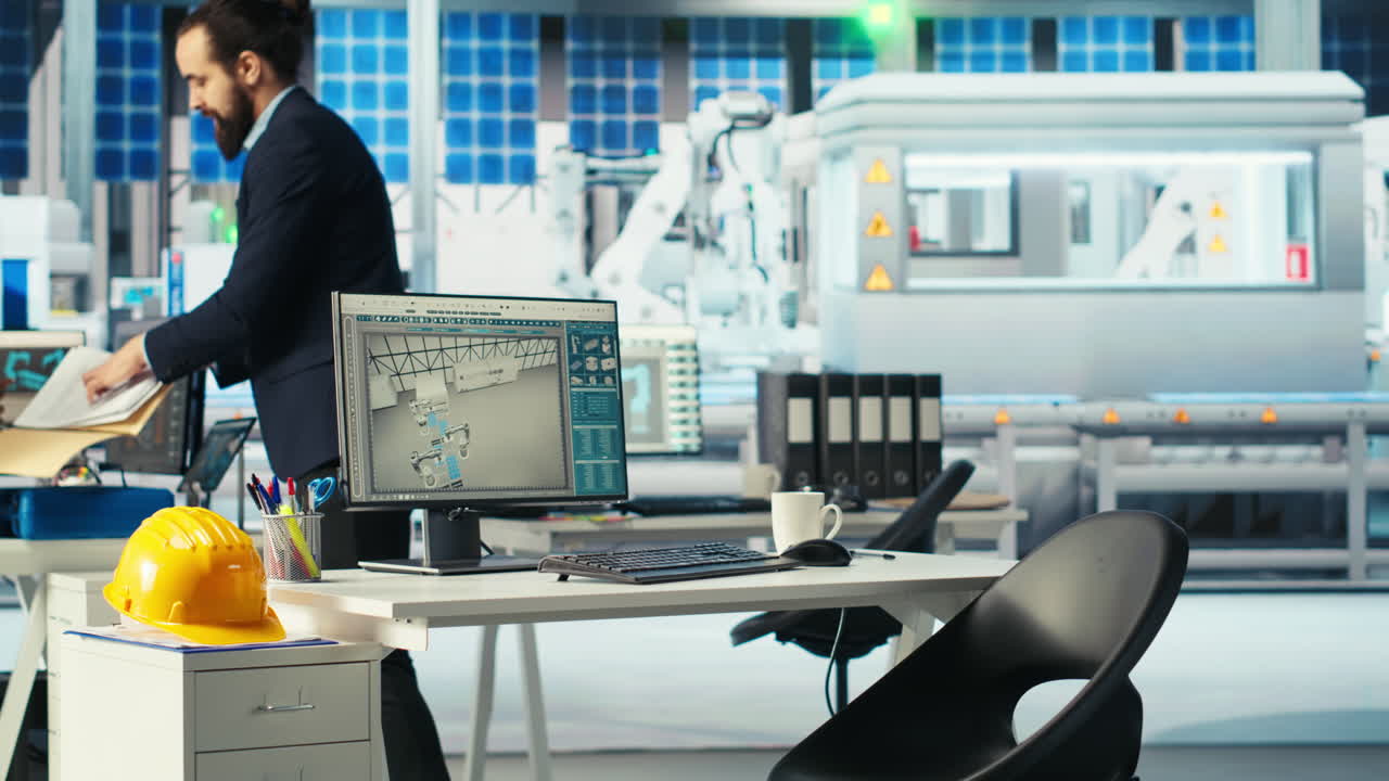 ricercatore dell'impianto di produzione di pannelli solari che prende appunti