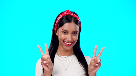 face, peace sign and indian woman with smile