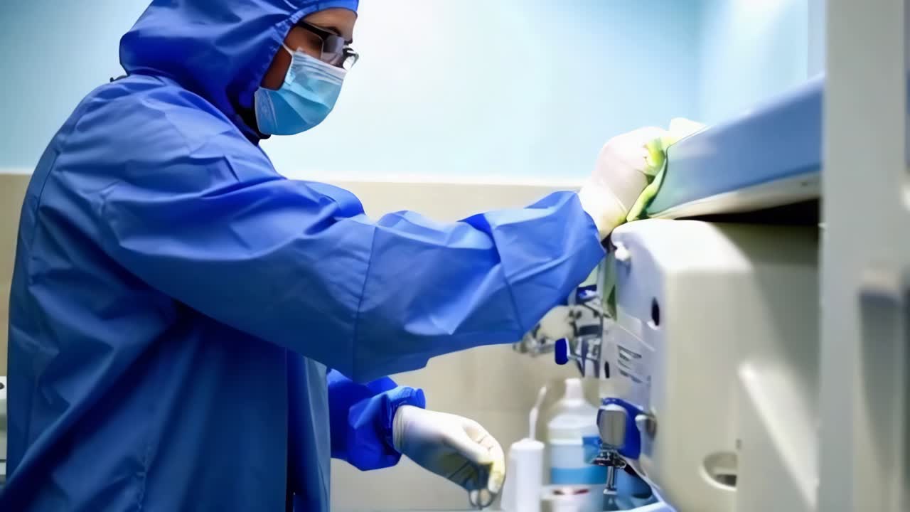 A man in a blue lab coat and mask is cleaning a medical device, in a hospital or medical room.