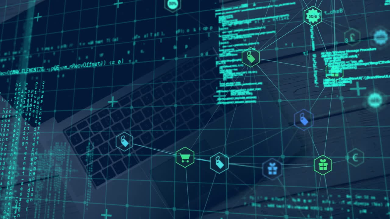 노트북을 통해 데이터 처리를 하는 연결 네트워크의 애니메이션