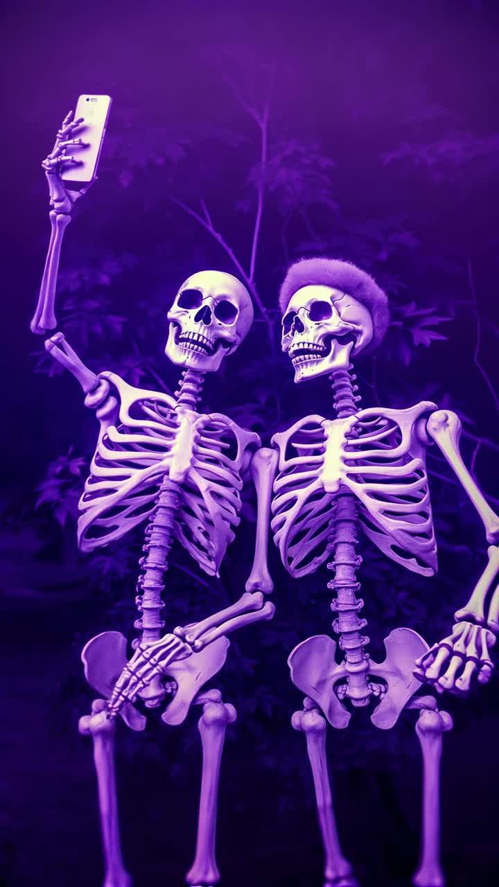 Two skeletons taking a selfie, captured from a low angle. The image has a purple hue