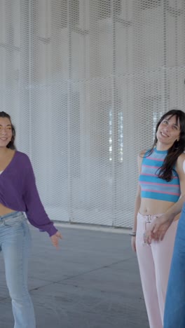 friends talking and smiling in a modern indoor setting