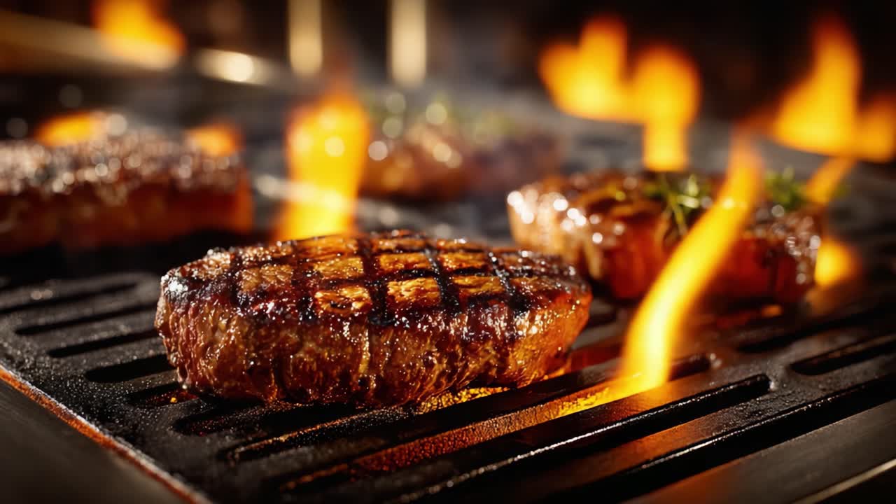 La perfezione della bistecca sfrigolante: una festa per i sensi con succulenta bistecca alla griglia e fiamme danzanti che catturano l'essenza della maestria culinaria.