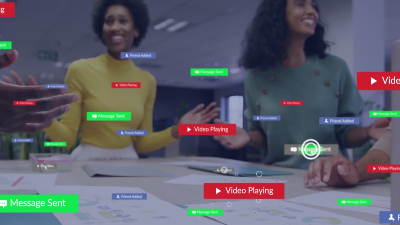 Animation of notification bars, diverse coworkers talking and putting hands together in office