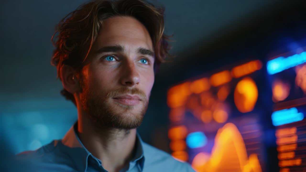 A Thoughtful Reflection: An Introspective Individual Engaged with Data Visualization, Illuminating Modern Insights Through Advanced Technologies in a Dynamic Environment